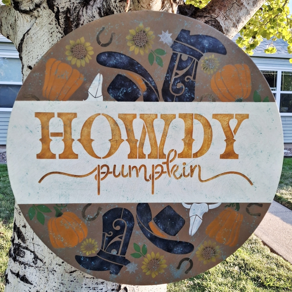 Howdy Pumpkin Painted Door Hanger Southwestern Fall Porch Sign Wall Round